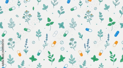 Seamless pattern with natural medicine pills and herbal plant leaves on a soft light grey background