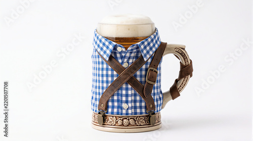 3D render of a beer stein wearing traditional Bavarian Oktoberfest clothing with blue checkered shirt and Lederhosen suspenders. Cultural celebration and beer festival concept.
