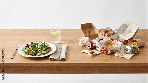3D realistic render of a table split between a fresh healthy salad and messy fast food containers. Visual metaphor for diet choices, lifestyle contrast, nutrition, and healthy living.