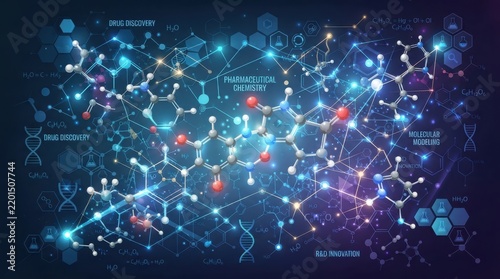 Abstract science background with glowing molecule structures and chemical bonds for medical research