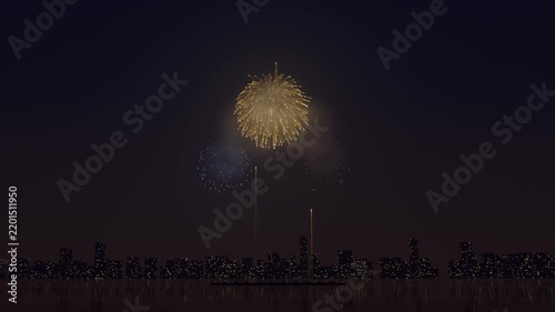 Launching barge firing bright trails and colorful shells over city harbor, producing smoke