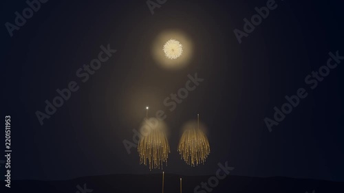 Launching firework shells from waterline producing golden chrysanthemum blooms, reflecting on water
