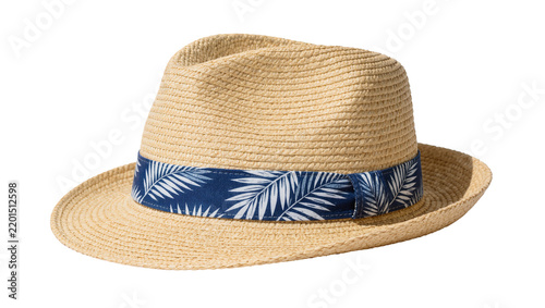 Straw fedora hat with blue palm leaf band, isolated on transparent background