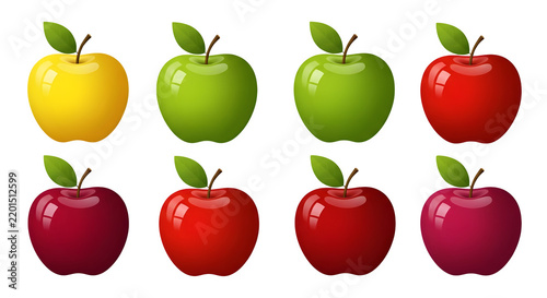 Collection of vibrant colorful apple fruit illustrations isolated on a professional transparent background for creative design projects