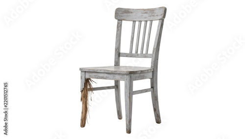 Foto Distressed pale blue wooden chair with frayed twine hanging from leg, isolated o