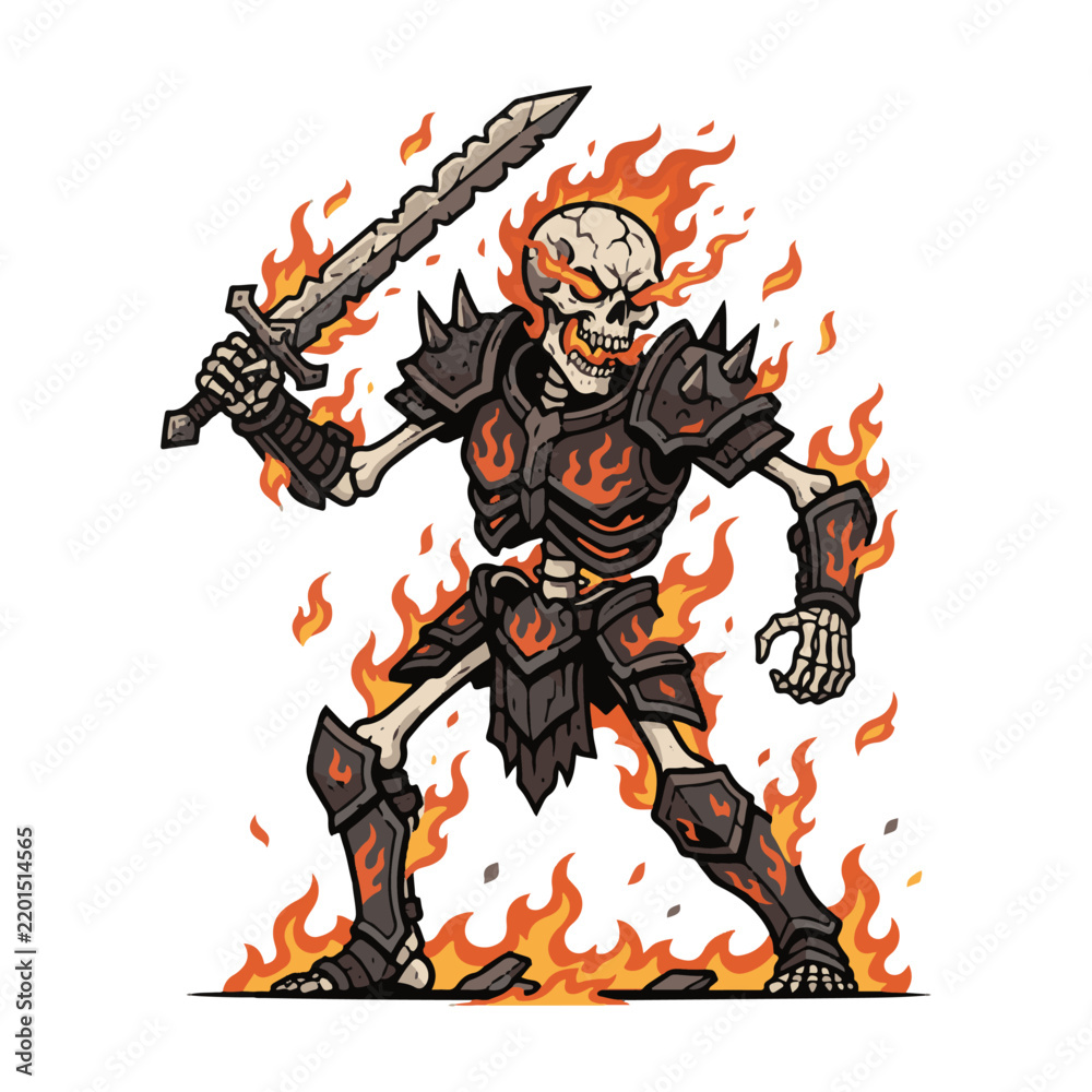 Obraz premium Knight Warrior with Sword in Armor, Cartoon Vector Illustration of a Medieval Fighter with Skull and Halloween Inspired Design