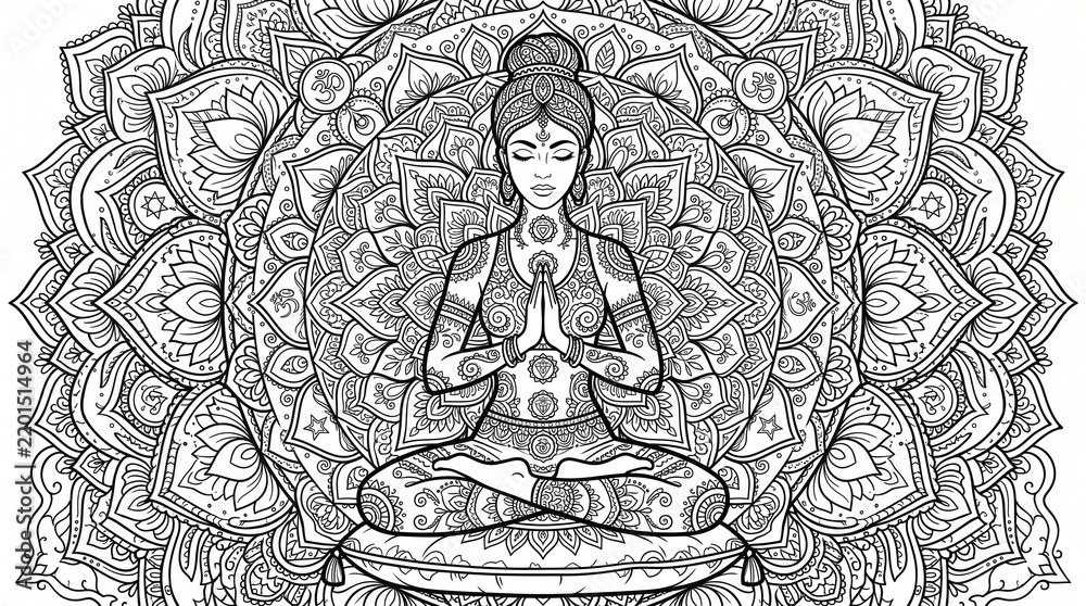 Fototapeta premium Yoga Mandala Coloring Book Page Vector Line Art