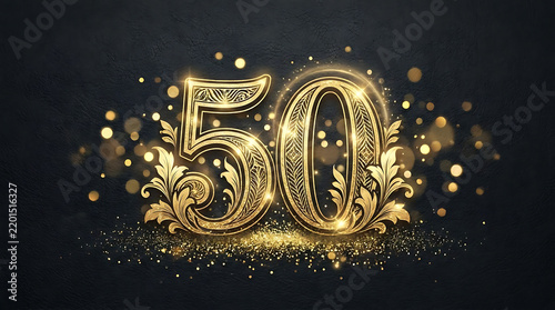 Elegant golden number 50 with ornate floral design set against a dark textured background with sparkling bokeh lights featuring a luxurious and celebratory aesthetic with shimmering highlights
