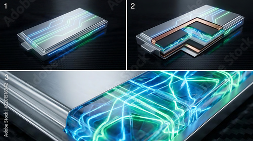 Futuristic battery design showcasing advanced circuitry and glowing elements on a sleek carbon fiber background with a high-tech aesthetic featuring vibrant neon colors and a polished metallic finish