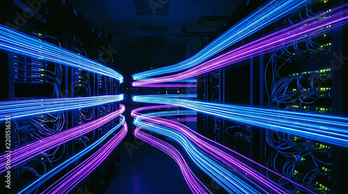 Dynamic fiber optic cables illuminating data center in a modern server room with high-tech equipment featuring vibrant blue and purple lighting effects