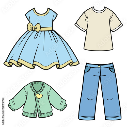 Dress with fluffy skirt, jeans, T-shirt and jacket on a white background