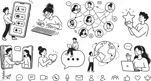 Social media communication doodles set with people and icons
