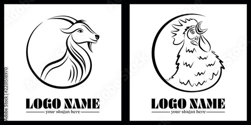 Silhouette au contour filaire noir d’une chèvre et d’un coq de profil stylisé en rond afin d’être utilisé en logo - 2 animaux faisant partie de la collection des 12 signes du nouvel an chinois.