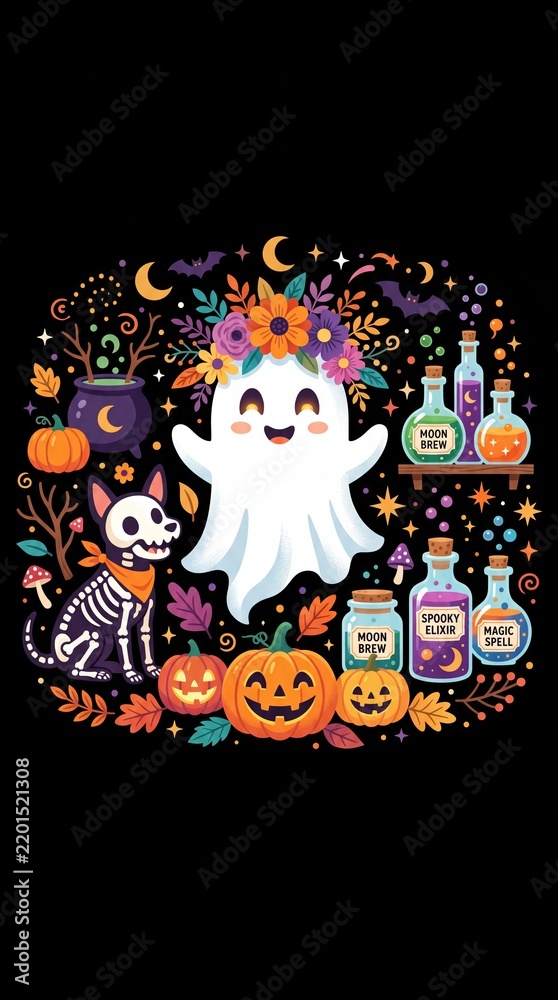 Fototapeta premium Folk art illustration of a cute ghost with flower crown and spooky cat.