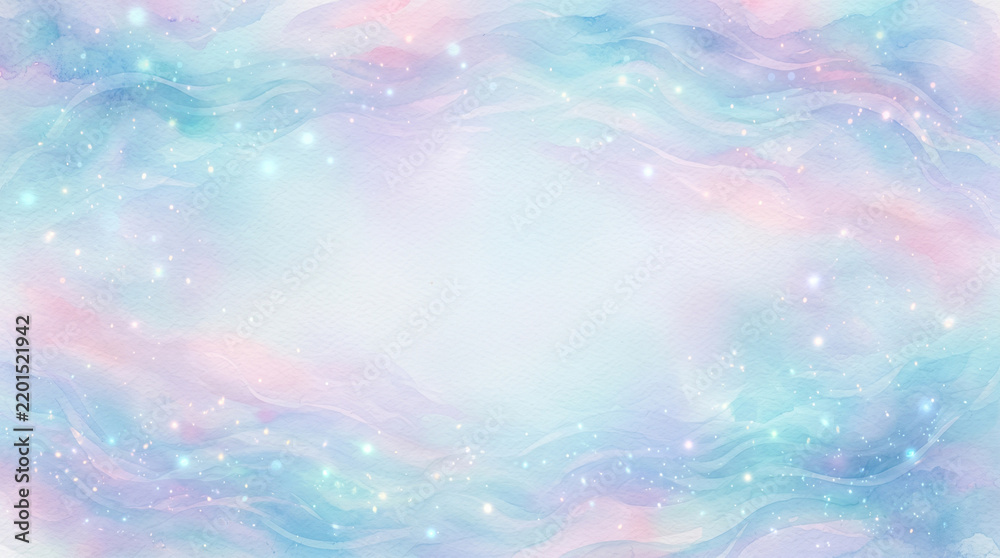 Fototapeta premium Abstract watercolor background with soft pastel blue and pink wavy clouds and sparkling glitter stars for magical fantasy design