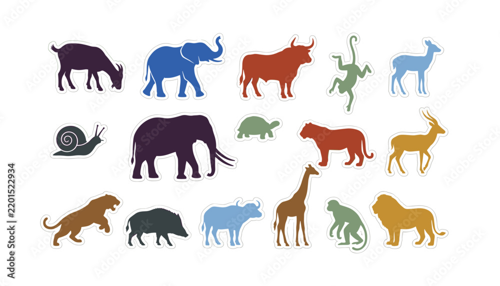 Obraz premium Vector animal sticker set featuring flat colorful silhouettes of wild safari zoo and farm creatures with white borders