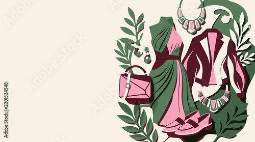 Fashion Illustration Trendy Outfit Collection Design Flat Vector Graphics Style Elegant Pink Green Clothing Accessories Dress Jacket Handbag Shoes Jewelry Composition Modern Apparel Retail Catalog