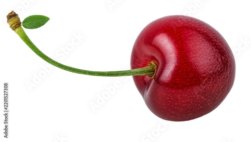 Single ripe red cherry with green stem and leaf, isolated on transparent background