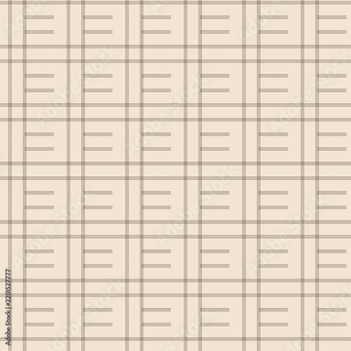 minimalist seamless geometric pattern with fine brown plaid grid lines and thin horizontal stripe motifs on a warm cream background. 
