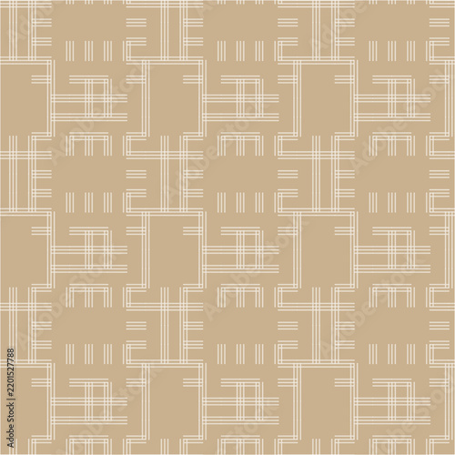 A modern seamless geometric pattern featuring abstract intersecting white lines and grid structures on a warm beige background. 
