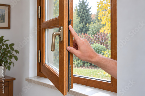 Hand opening a wooden window with a view of a garden  