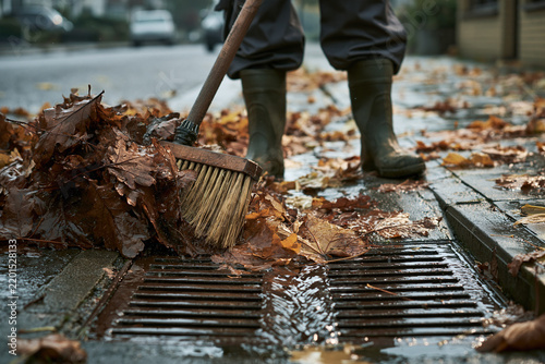 Person sweeping wet leaves from street into storm drain  