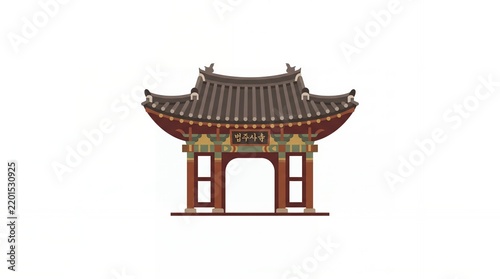 Traditional Korean Gate with Curved Roof and Decorative Details in Cultural Style