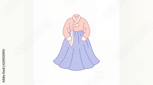 Traditional Korean Hanbok Dress with Pink Top and Blue Skirt on White Background