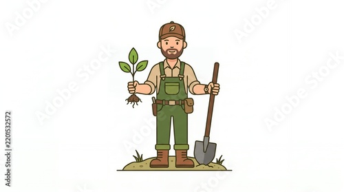 Cartoon Male Gardener Holding Plant and Shovel in Soil Illustration