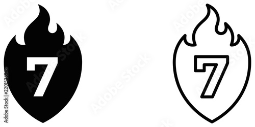 Shield with flame and number seven icons set on checkered background.