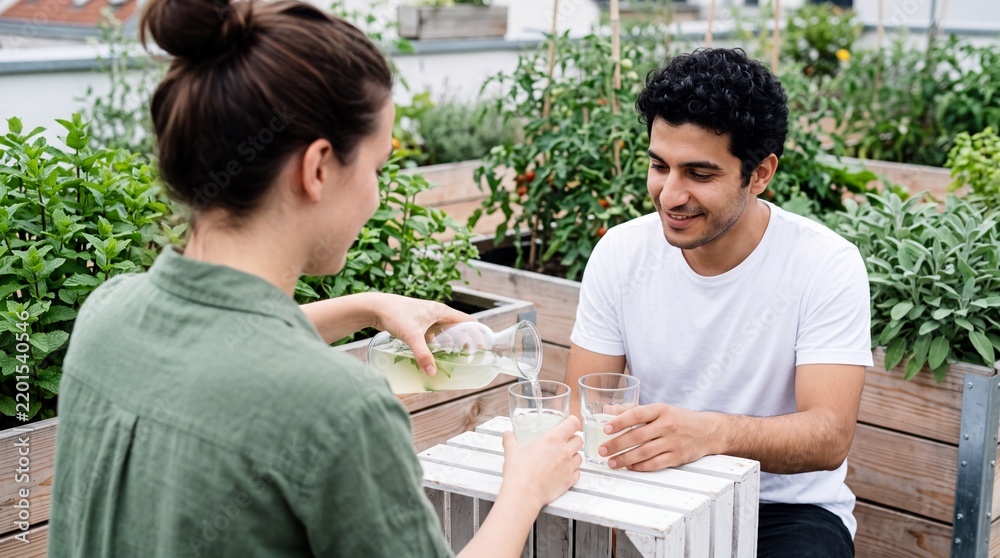 Fototapeta premium Frau schenkt selbstgemachte Limonade im Dachgarten ein