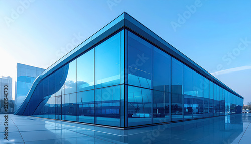 Modern architectural building with blue glass facade reflecting sky and clouds