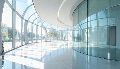 Modern architecture interior with curved glass windows and natural light