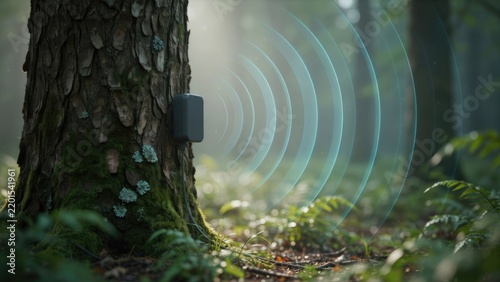 Smart forestry sensor mounted on tree trunk transmitting wireless signals in forest