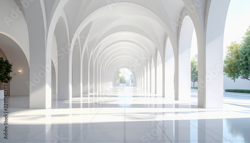 Modern white architectural colonnade with arches and sunlight