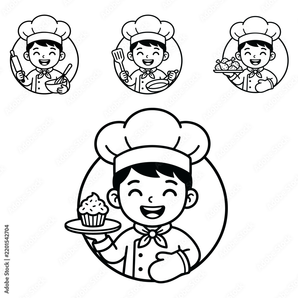 Fototapeta premium Adorable boy chef line vector perfect for kids menu, bakery logo, and culinary branding