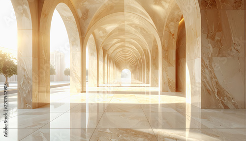 Grand marble hallway with arched ceilings and sunny outdoors view