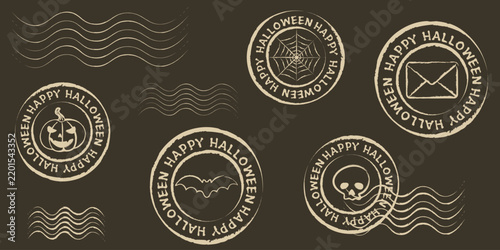 Vintage Halloween circular postmarks and cancellation lines clipart collection. Pumpkin, skull, bat, spiderweb, and envelope stamps on dark brown. Ideal for spooky mail art and decor.