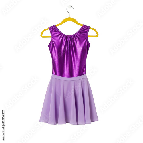 Girls sleeveless purple leotard with attached skirt on a hanger