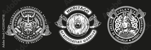Three vintage-style emblems on a dark background