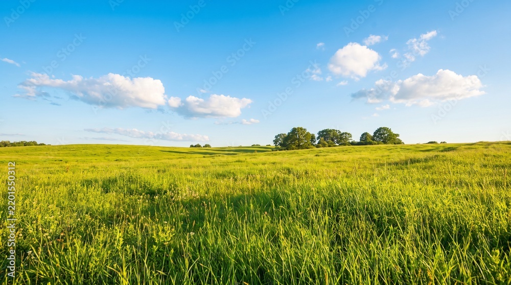 Obraz premium Scenic view of a green grass field with trees and blue sky with white clouds in a sunny day