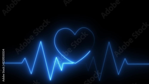 Glowing blue neon heart shape integrated into a digital electrocardiogram line on black