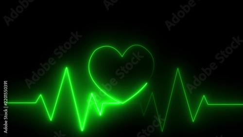 Green glowing heart shape integrated into an electrocardiogram line on black background