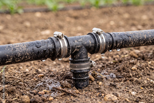 T-junction pipe connector detail on drip irrigation system in farm field