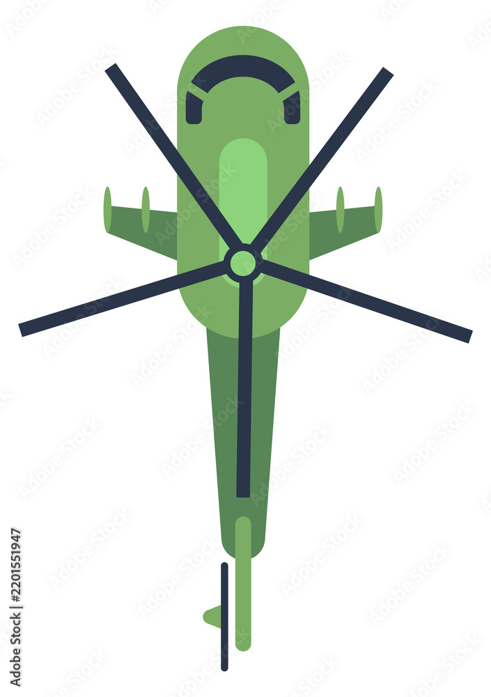 Obraz premium Helicopter top view. Green aircraft color icon