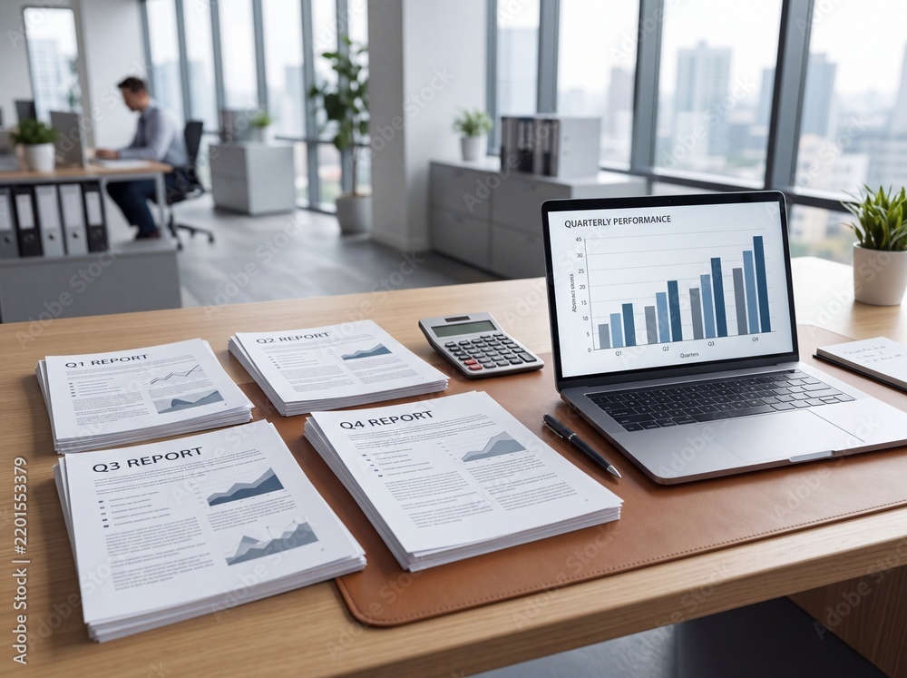 Obraz premium Financial quarterly reports and laptop with growth chart on desk
