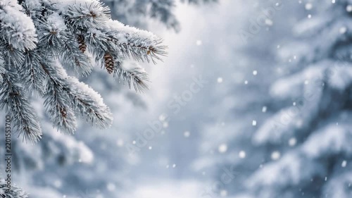 Snow covered evergreen branches during gentle winter snowfall with soft blue forest background