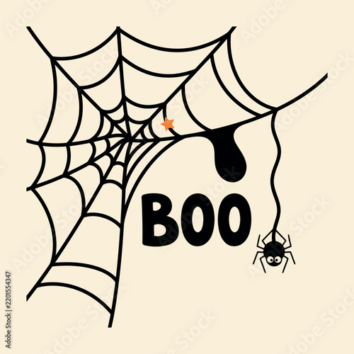 Cute spider hanging on a spooky web with the word boo for halloween party
