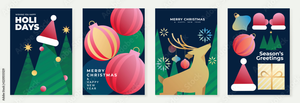 Obraz premium Christmas and Happy New Year 2027 vector poster collection with geometric tree, pink baubles, reindeer, stars, gift boxes and playful modern festive graphics