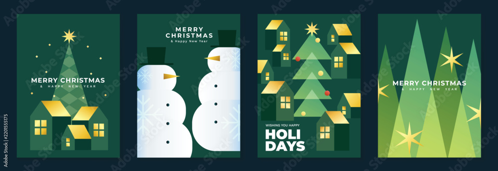 Obraz premium Christmas and Happy New Year 2027 vector poster collection with geometric trees, snowman, winter village, houses and stylized evergreen forest scenes